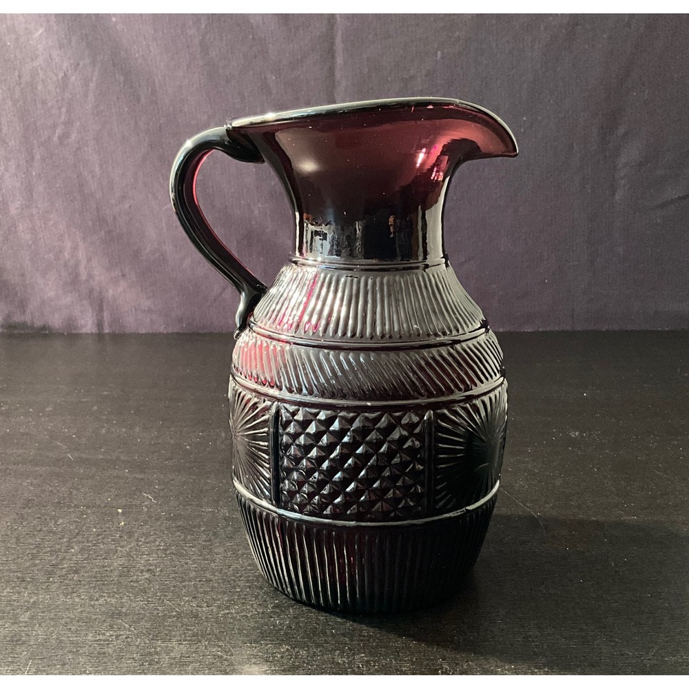 Vintage Clevenger 3 Mold Blown Glass Amethyst Glass Pitcher Embossed Design